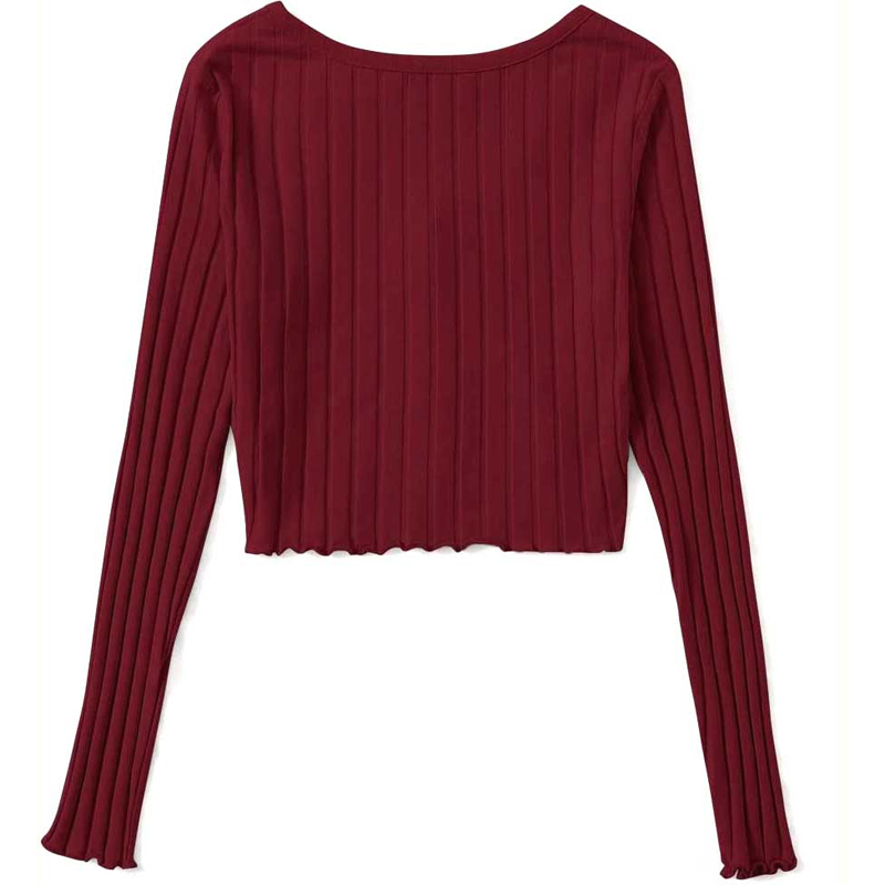 Button Front Rib-Knit Lettuce Trim Tee